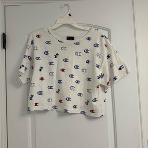 Champion White Tee with Blue and Red Logo Pattern
